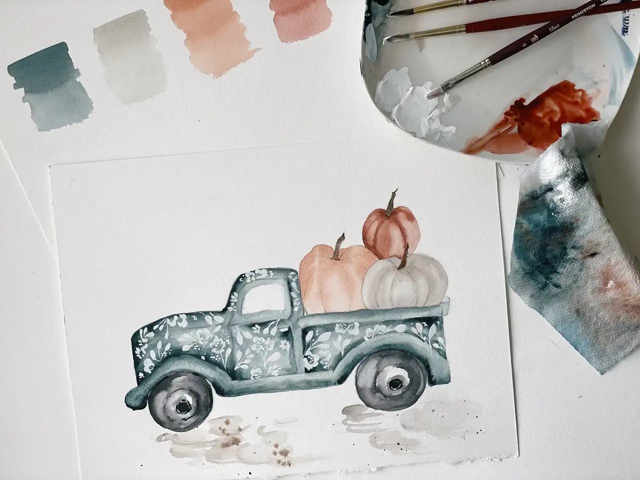 آموزش نقاشی با کامیون مزرعه پاییزی با آبرنگ