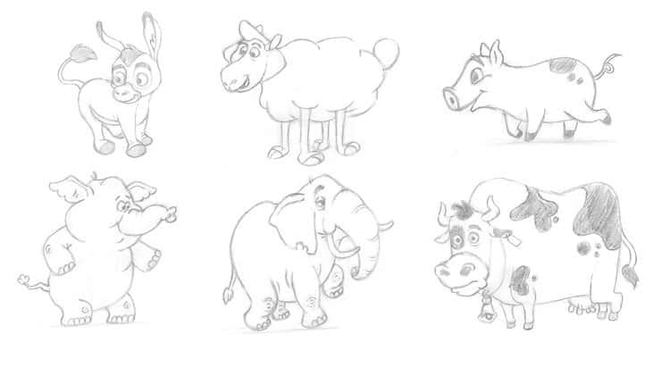 آموزش طراحی شخصیت حیوانات با اشکال هندسی (خوک، کرگدن، فیل، گاو، خر، گوسفند)