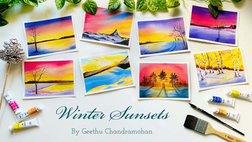 آموزش 8 نقاشی سریع و آسان غروب زمستان برای مبتدیان: نقاشی های آبرنگ 15-20 دقیقه ای