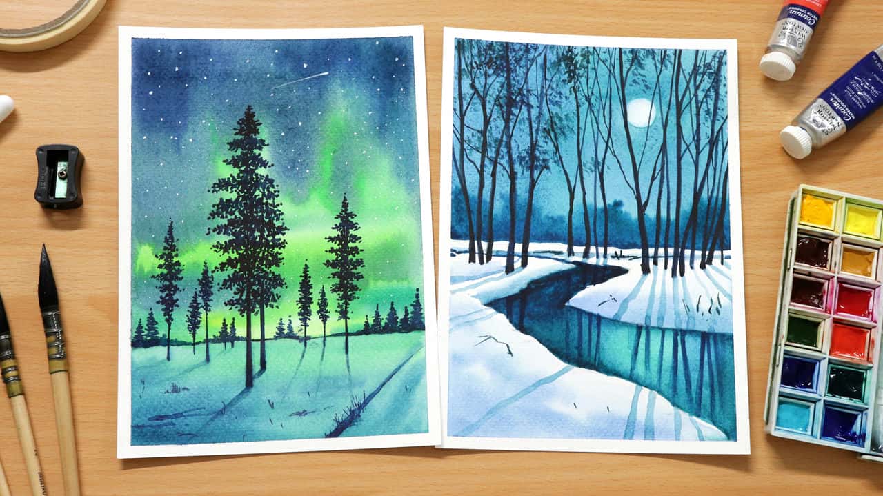 آموزش نقاشی منظره آبرنگ از شفق قطبی زیبا و آسمان شب مهتاب