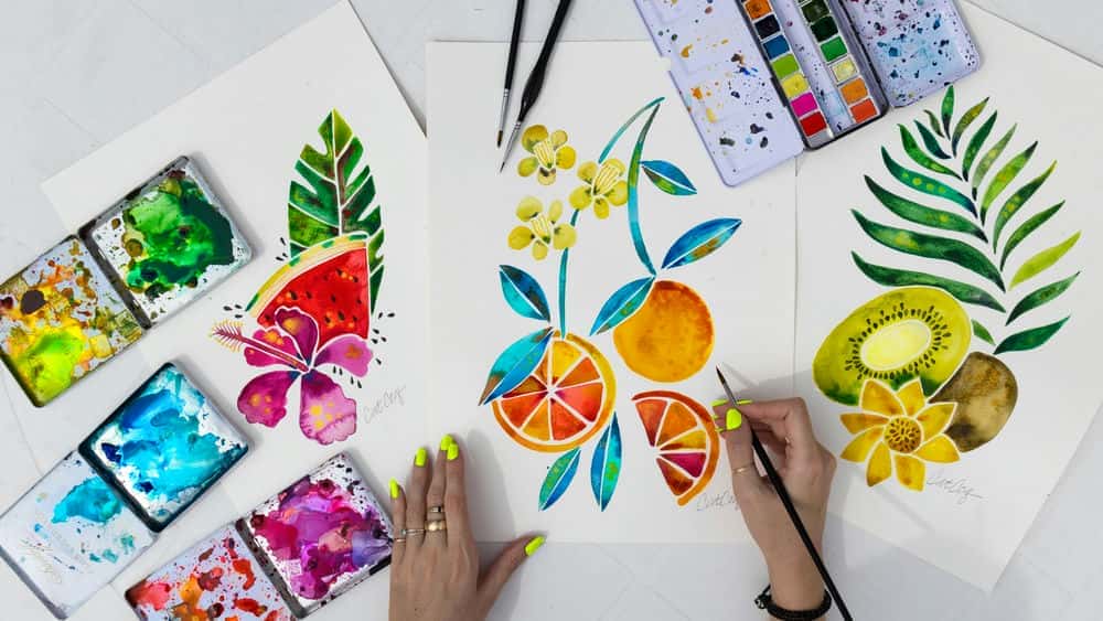 آموزش نقاشی میوه ها و گل ها با آبرنگ با پیچ و تاب مدرن