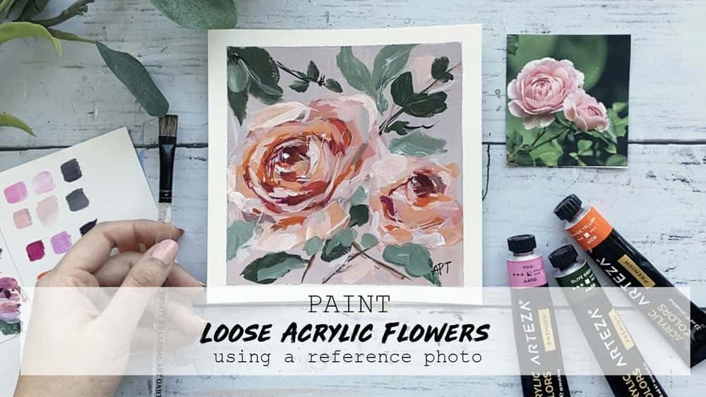 آموزش نقاشی گل اکریلیک: نحوه رنگ آمیزی گل رز انتزاعی شل با استفاده از عکس مرجع