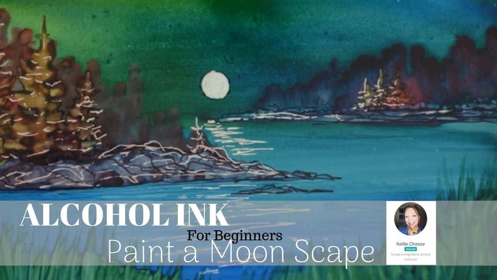 آموزش اصول نقاشی هنر جوهر الکل - منظره دریا در شب در کاغذ یوپو