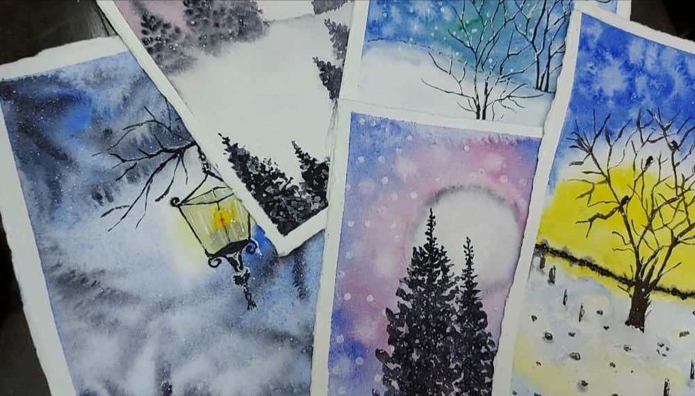 آموزش 5 کارت پستال زمستانی آسان با آبرنگ