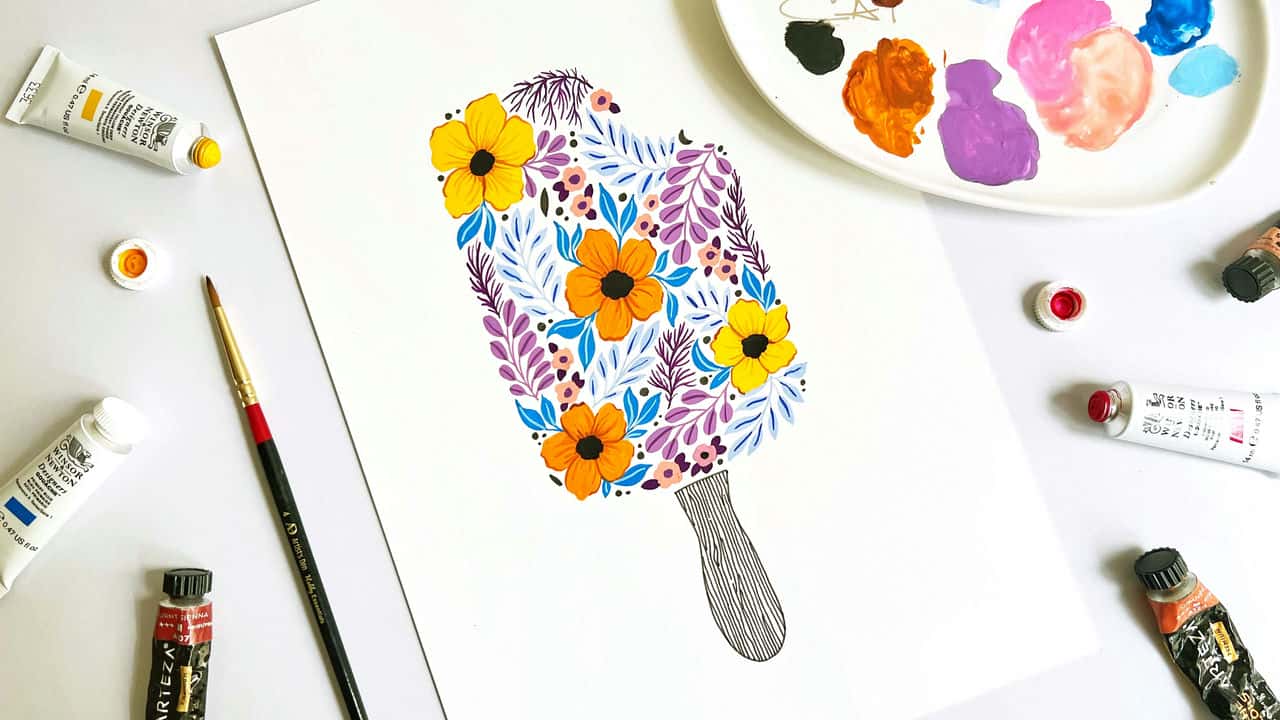 آموزش تصویرسازی یک بستنی تابستانی با استفاده از گواش: یاد بگیرید که با سیلوئت ها تصاویر سرگرم کننده ایجاد کنید