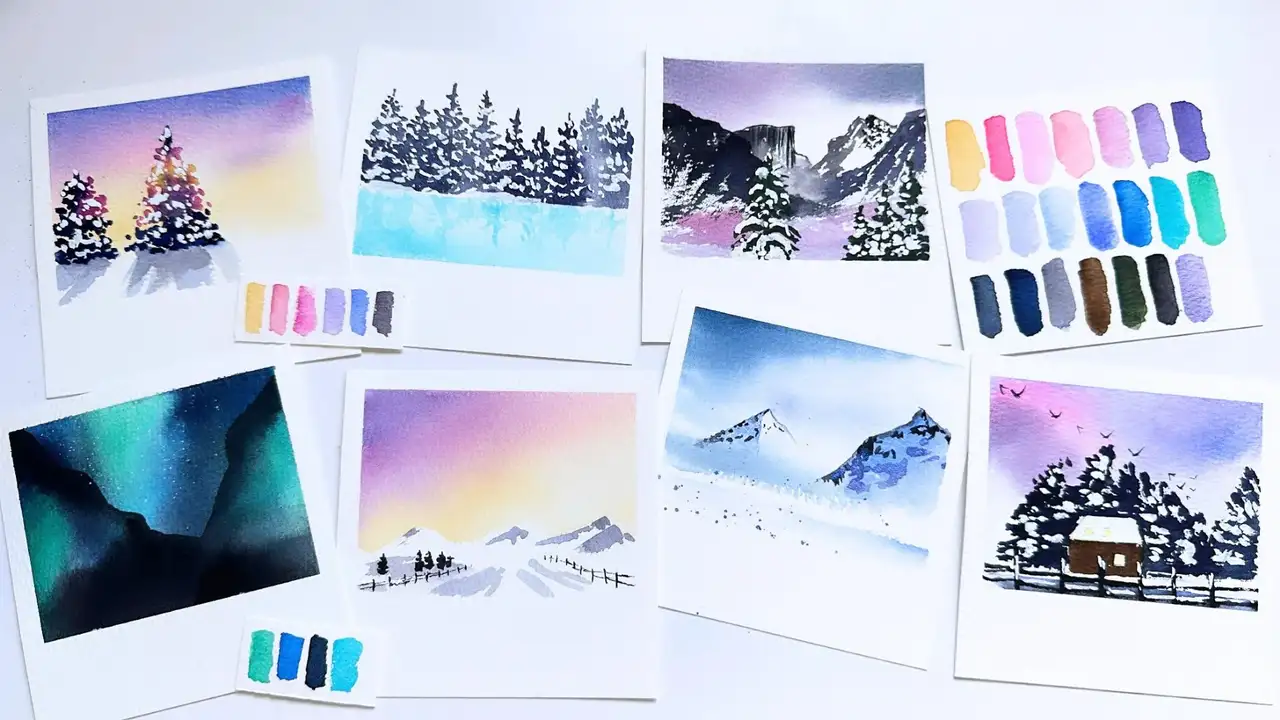 آموزش Polaroïdes d'hiver: paysages simples à l'aquarelle pour debutants