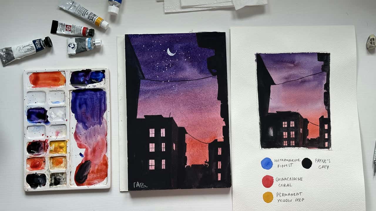 آموزش منظره برای مبتدیان: نقاشی آرامش بخش با آبرنگ آسمان شب در شهر