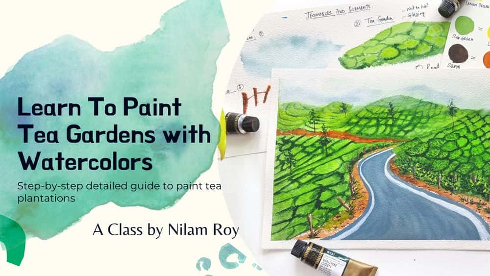آموزش نقاشی باغ چای با آبرنگ