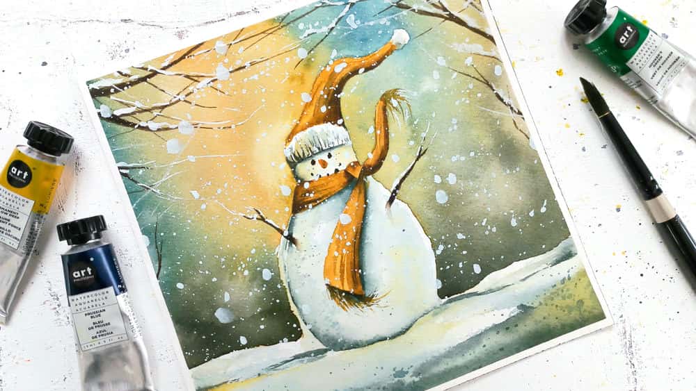 آموزش آبرنگ زمستان: نقاشی سفیدها با منظره آدم برفی جادویی.