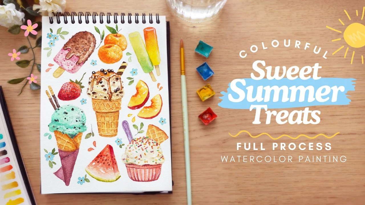 آموزش رنگ آمیزی مجموعه خوراکی های خوش رنگ تابستانی با آبرنگ