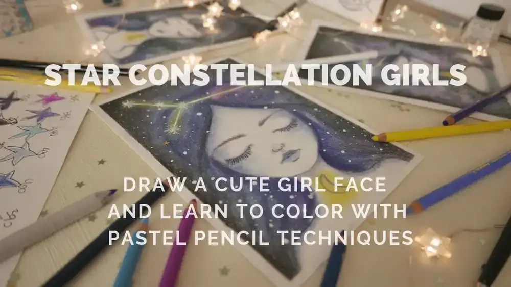 آموزش چگونه با مداد و جوهر پاستلی یک صورت دختر زیبا بکشیم: دختران صورت فلکی ستاره