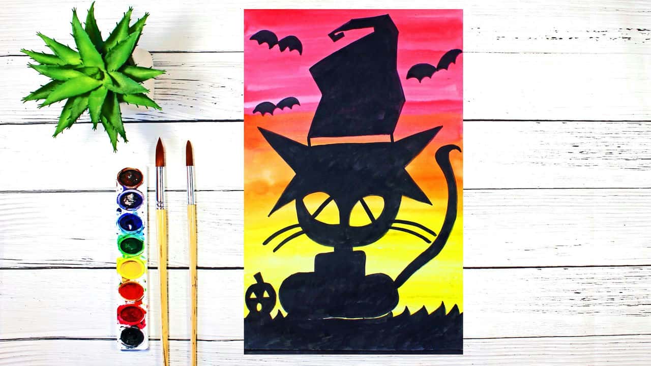 آموزش کلاس هنر آسان برای کودکان: چگونه یک گربه سیلوئت غروب آفتاب را برای هالووین بکشیم و با آبرنگ نقاشی کنیم