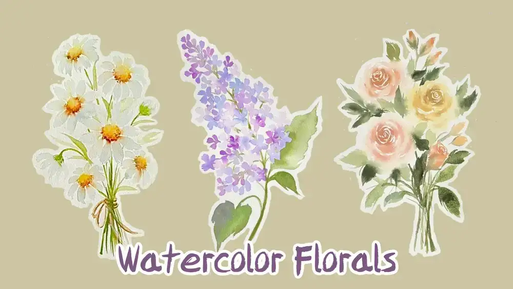 نقاشی گل های آبرنگ قسمت 3 : آموزش رنگ آمیزی یاس بنفش، دیزی، گل رز و تاج گل