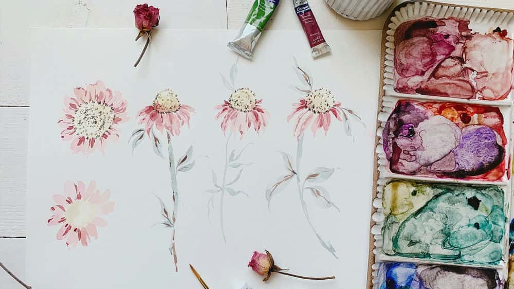 آموزش نقاشی گل های مخروطی آبرنگ شل