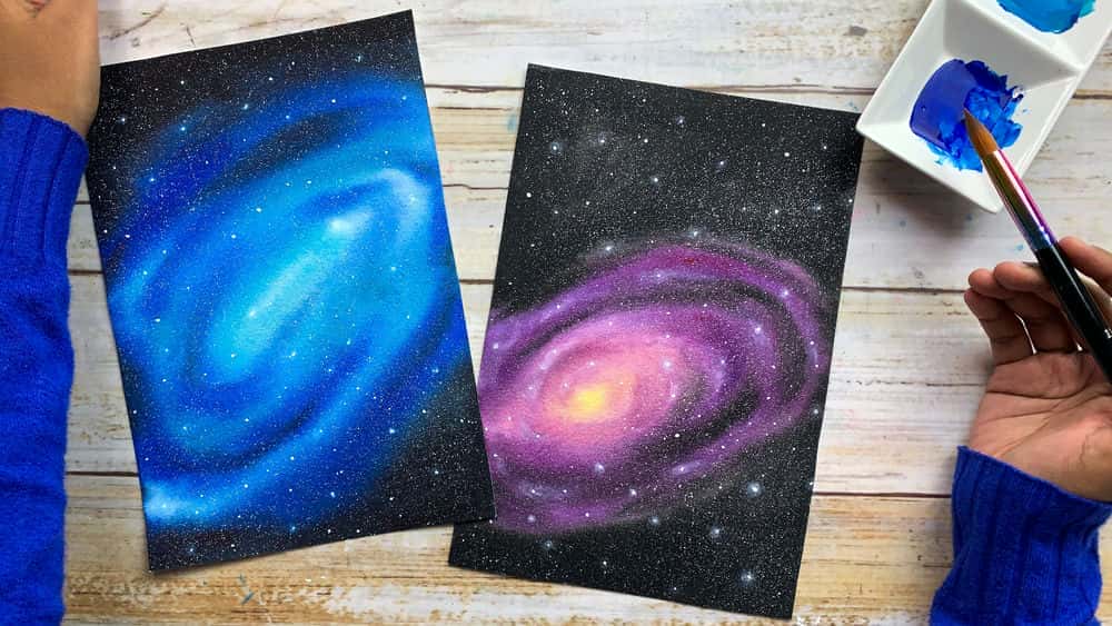 کهکشان های آبرنگ برای مبتدیان - آموزش نقاشی کهکشان مارپیچی ستاره ای
