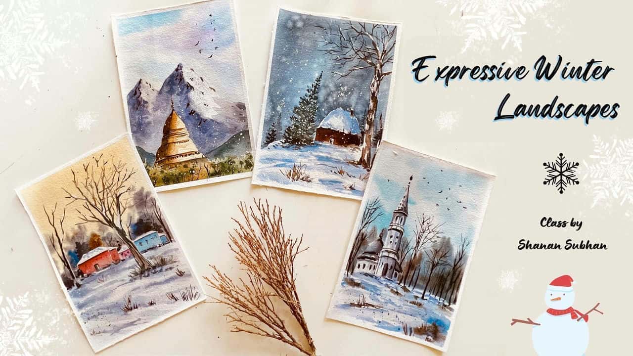 آموزش مناظر رسا زمستان - نقاشی های آبرنگ | 4 پروژه