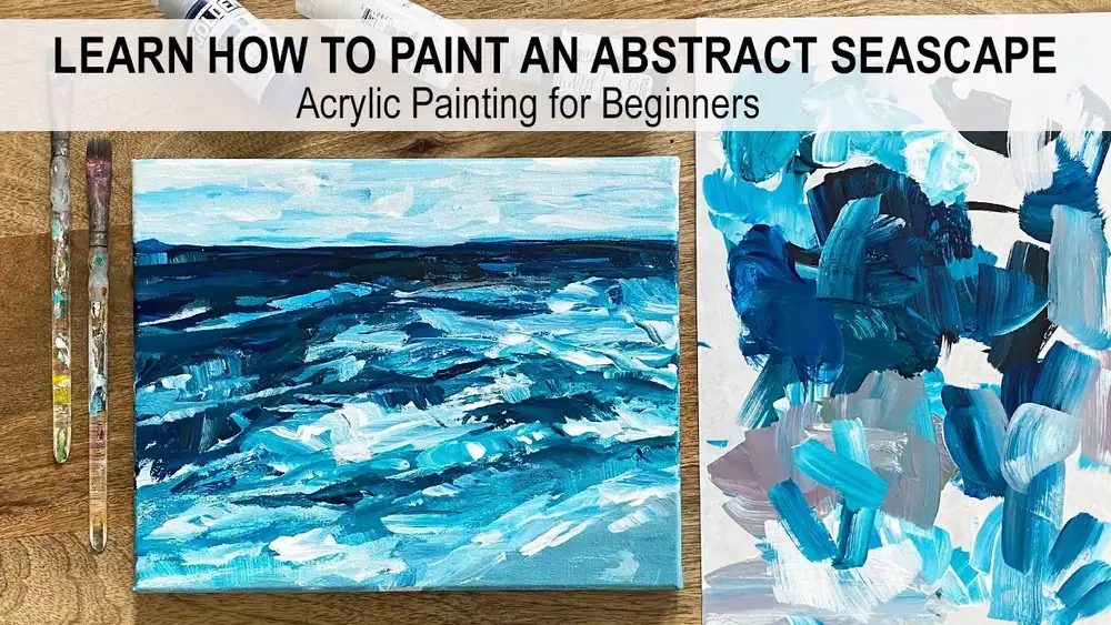 آموزش نقاشی اکریلیک برای مبتدیان - نحوه نقاشی گام به گام یک منظره دریایی انتزاعی روی بوم