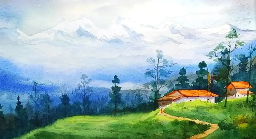 آموزش چگونه روستای کوهستانی صبحگاهی را با آبرنگ نقاشی کنیم