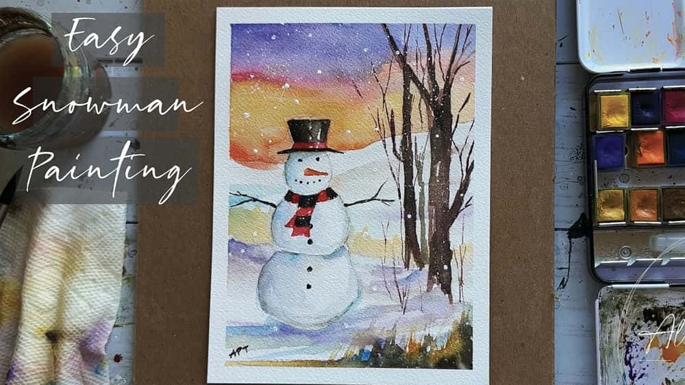 آموزش منظره آدم برفی زمستانی - نقاشی آسان کریسمس