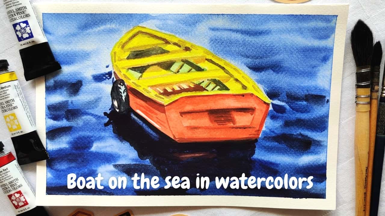 آموزش طراحی و نقاشی قایق روی دریا با آبرنگ