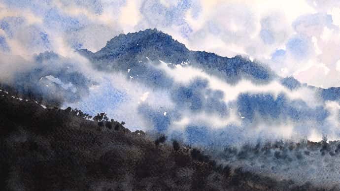 آموزش نقاشی منظره مودی با آبرنگ | کوه های مه آلود
