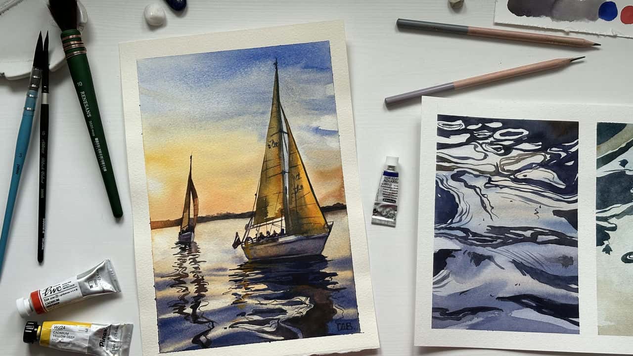 آموزش جادوی دریای آبرنگ: نقاشی قایق های بادبانی و انعکاس آب در غروب خورشید