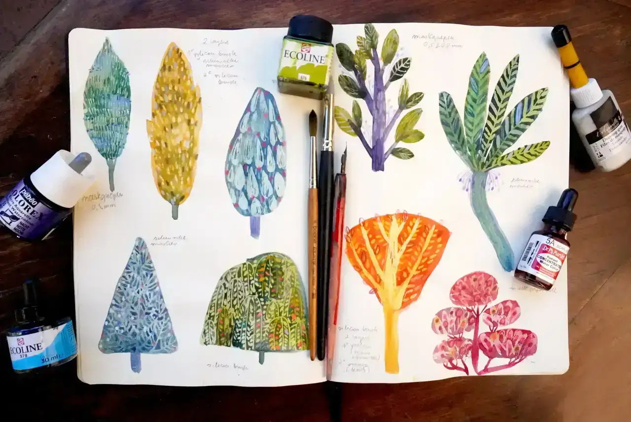 آموزش درختان سرگرم کننده را رنگ آمیزی کنید و یاد بگیرید که چگونه از آبرنگ و مایع ماسک به روشی خلاقانه استفاده کنید.