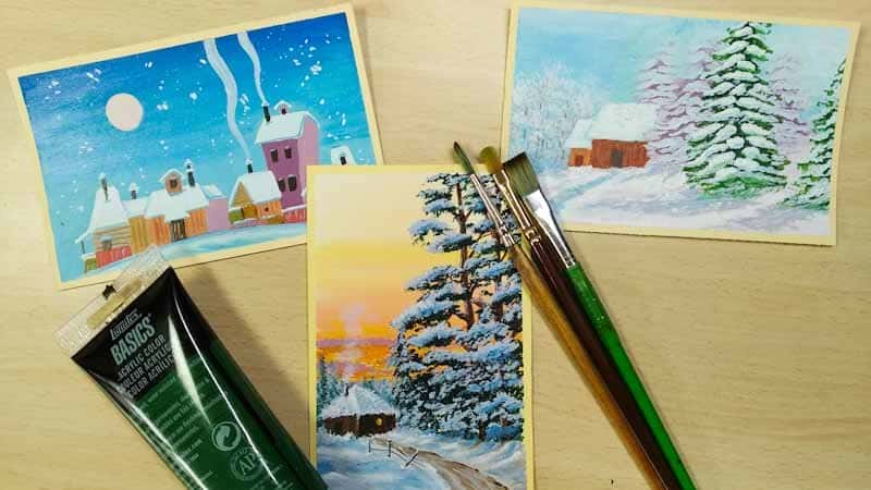 آموزش مناظر برفی زمستانی - نقاشی های اکریلیک