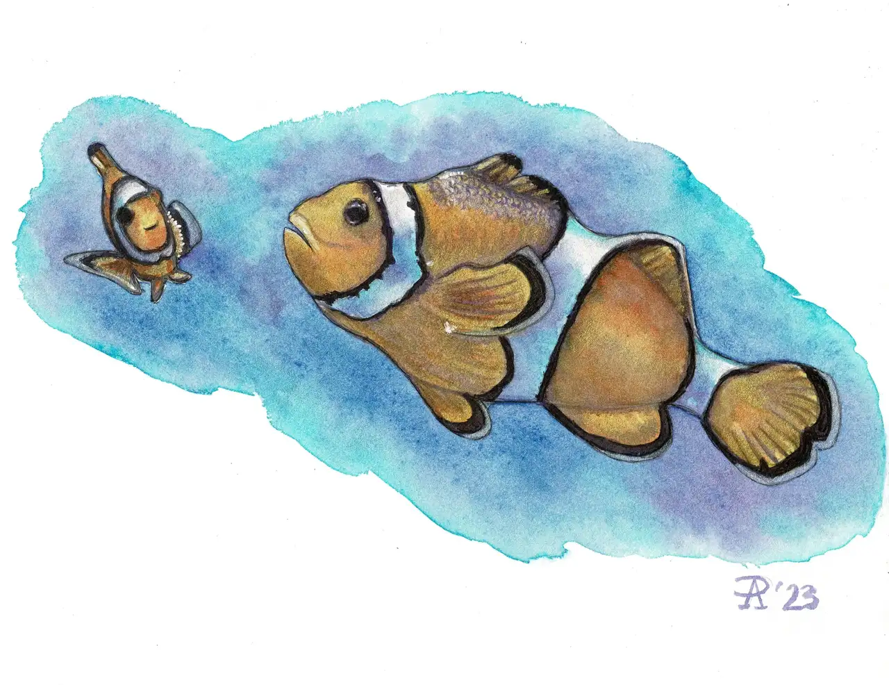 آموزش نحوه طراحی و رنگ آمیزی دلقک ماهی در آبرنگ با برجسته های فلزی و جوهر