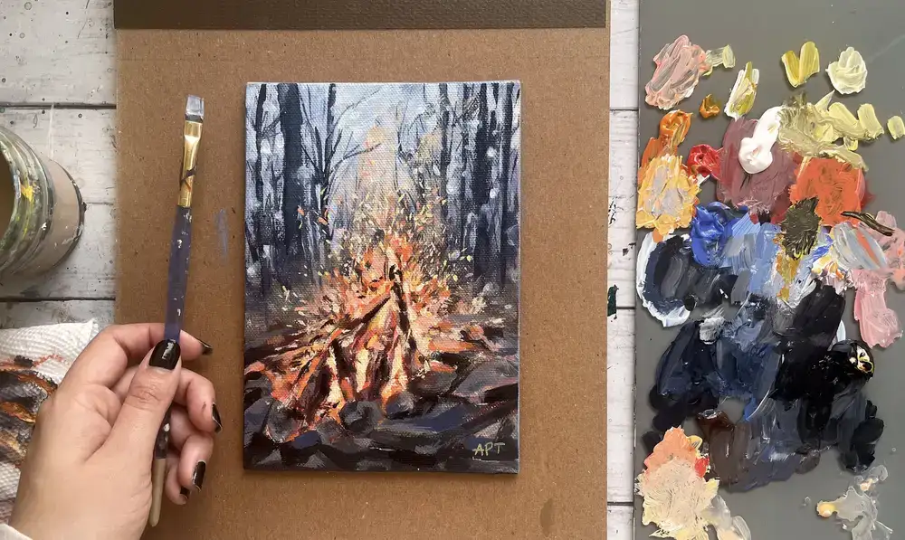آموزش نقاشی پاییزی شل اکریلیک - منظره جنگلی دنج در آتش کمپ