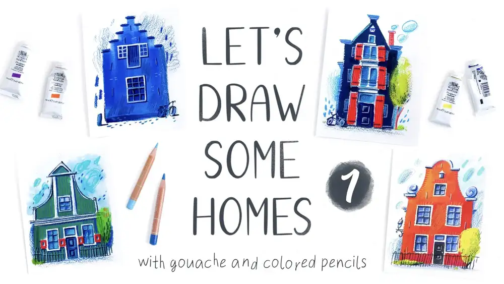 آموزش کار با گواش و مداد رنگی: بیایید چند خانه بکشیم!