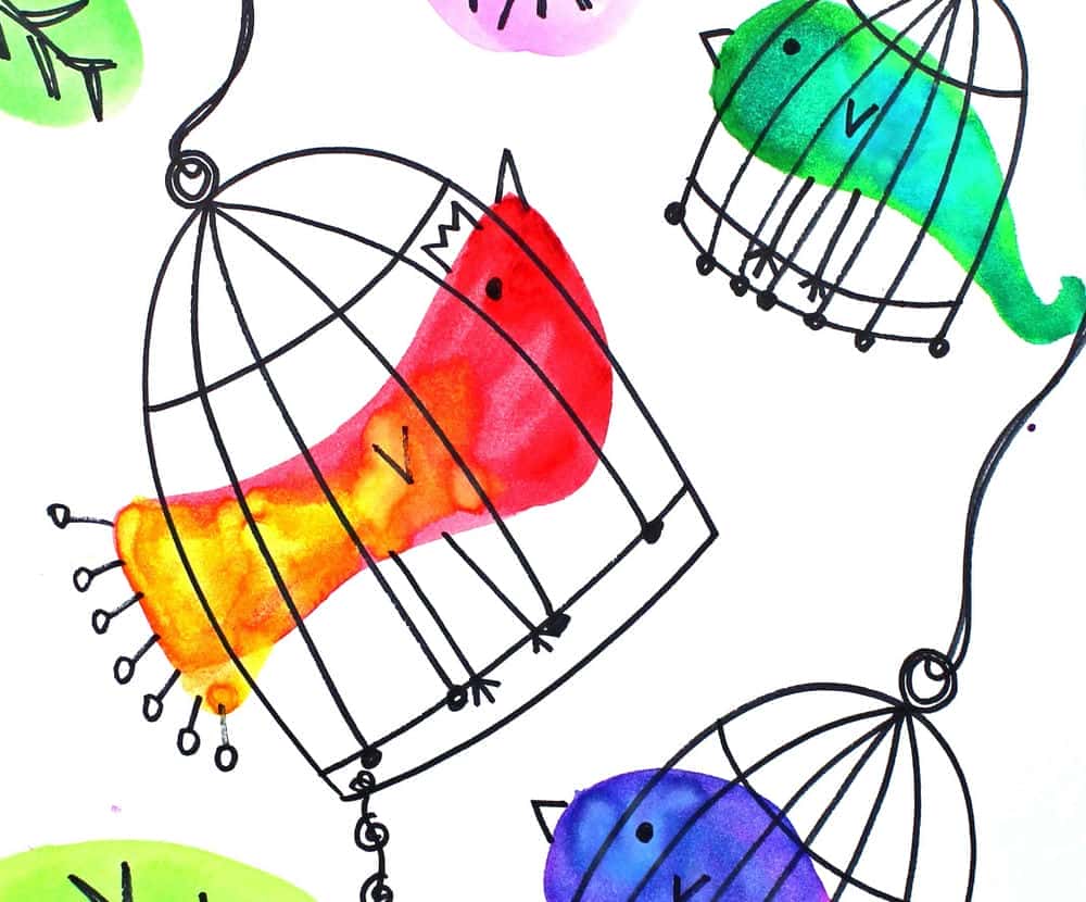 آموزش طراحی و نقاشی با آبرنگ پرندگان جسور در قفس پرندگان: هنر برای کودکان و مبتدیان