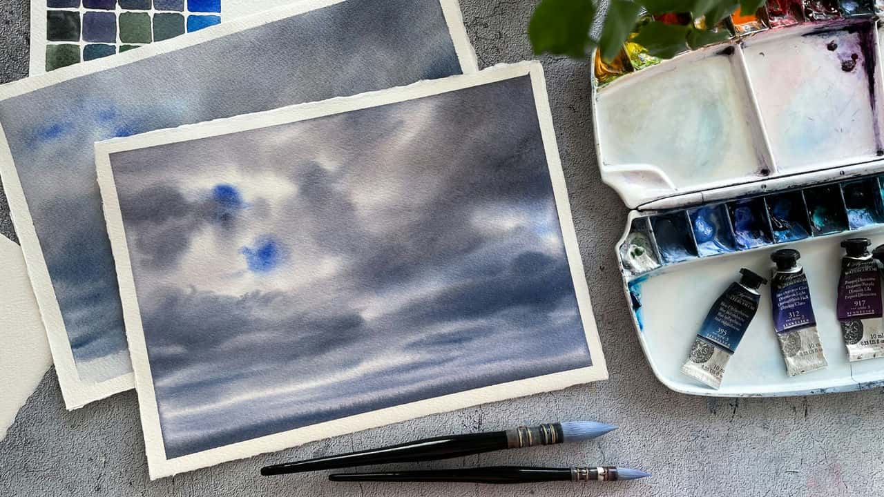 آموزش آسمان ابری 10 دقیقه ای آبرنگ: نقاشی گام به گام + نکات ترکیب رنگ