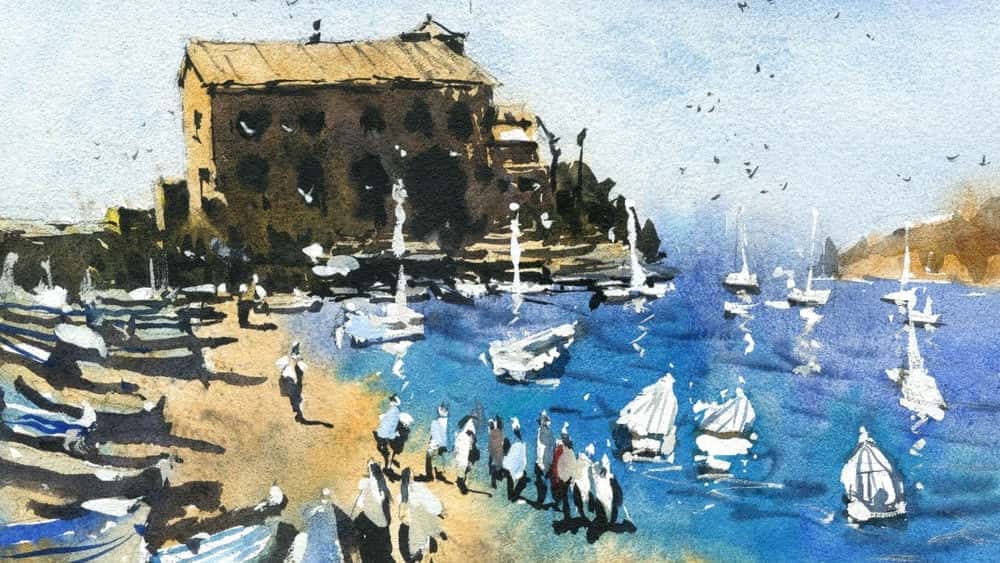آموزش نقاشی منظره ساحلی با قایق ها و ساختمان ها: ملزومات آبرنگ
