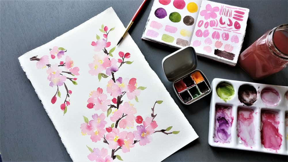 آموزش گل های آبرنگ درخشان - شکوفه های گیلاس برای مبتدیان