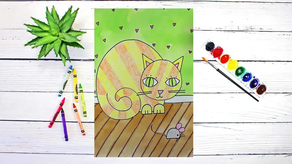آموزش هنر برای کودکان: طراحی، نقاشی با آبرنگ، و رنگ آمیزی یک گربه تابی کارتونی زیبا قدم به قدم