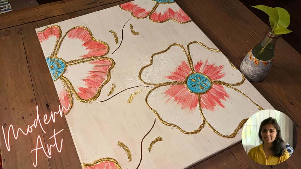 دکور خانه - آموزش ساخت نقاشی گل معاصر با خمیر بافت خانگی و ورق طلا