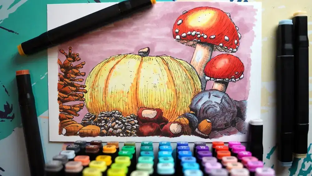 آموزش تکمیل با نقاشی های قلمی به رنگ - صحنه پاییزی با نشانگرهای الکلی و جوهر
