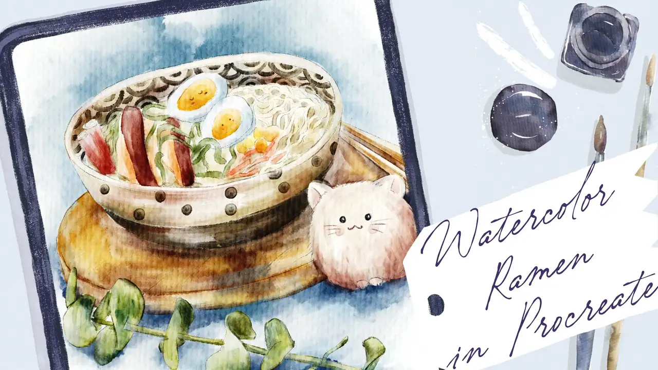 آموزش نحوه رنگ آمیزی رامن ژاپنی - تصویر غذای آبرنگ با شخصیت ناز در Procreate