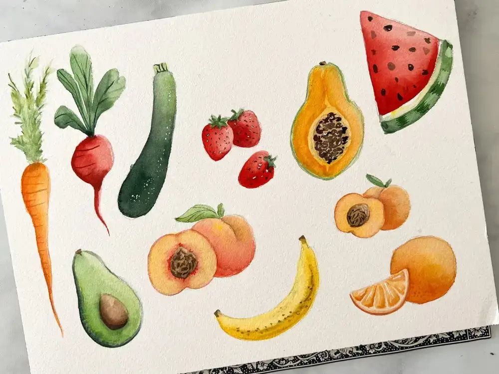 آموزش نقاشی با آبرنگ: میوه ها و سبزیجات تابستانی