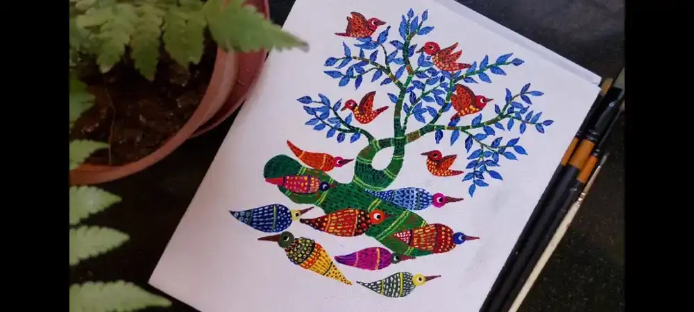 آموزش نقاشی درخت و پرندگان به سبک هنر عامیانه هند