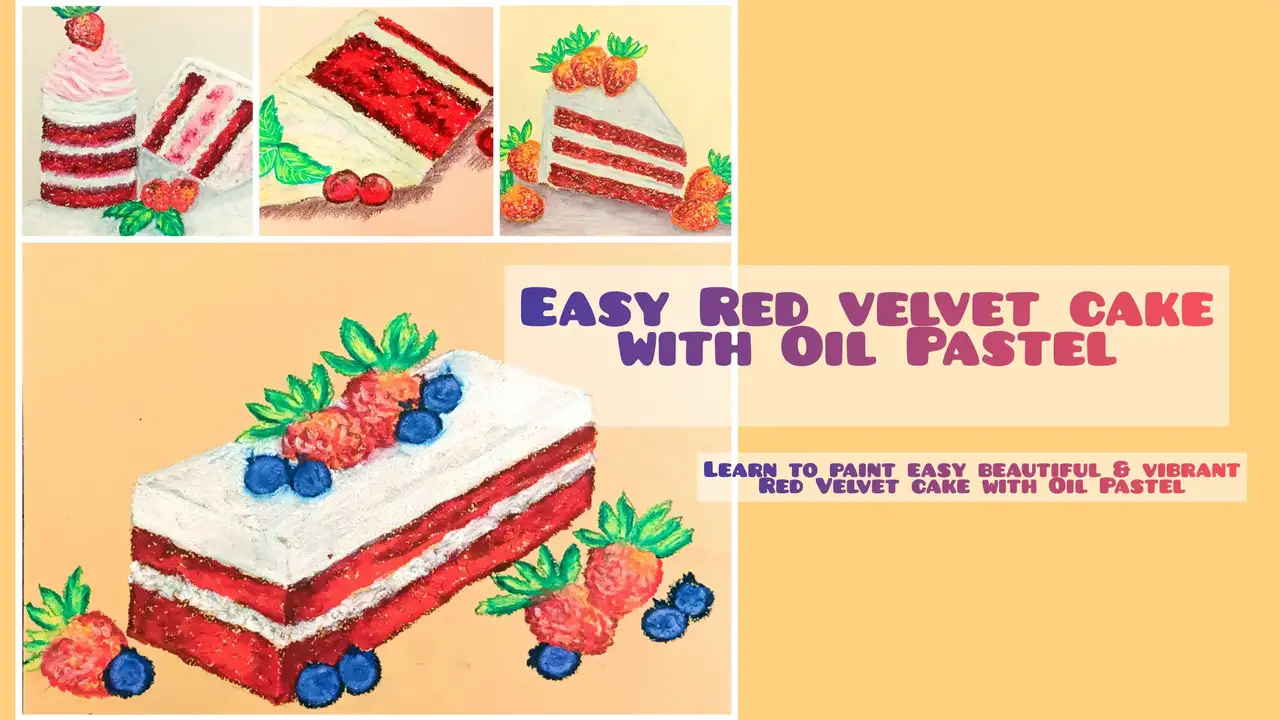 کیک Red Velvet Easy with Oil Pastel: آموزش کشیدن و رنگ آمیزی 21 کیک و برش Easy Red Velvet