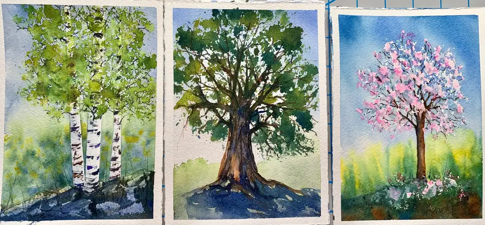آموزش نقاشی درختان برگریز با آبرنگ