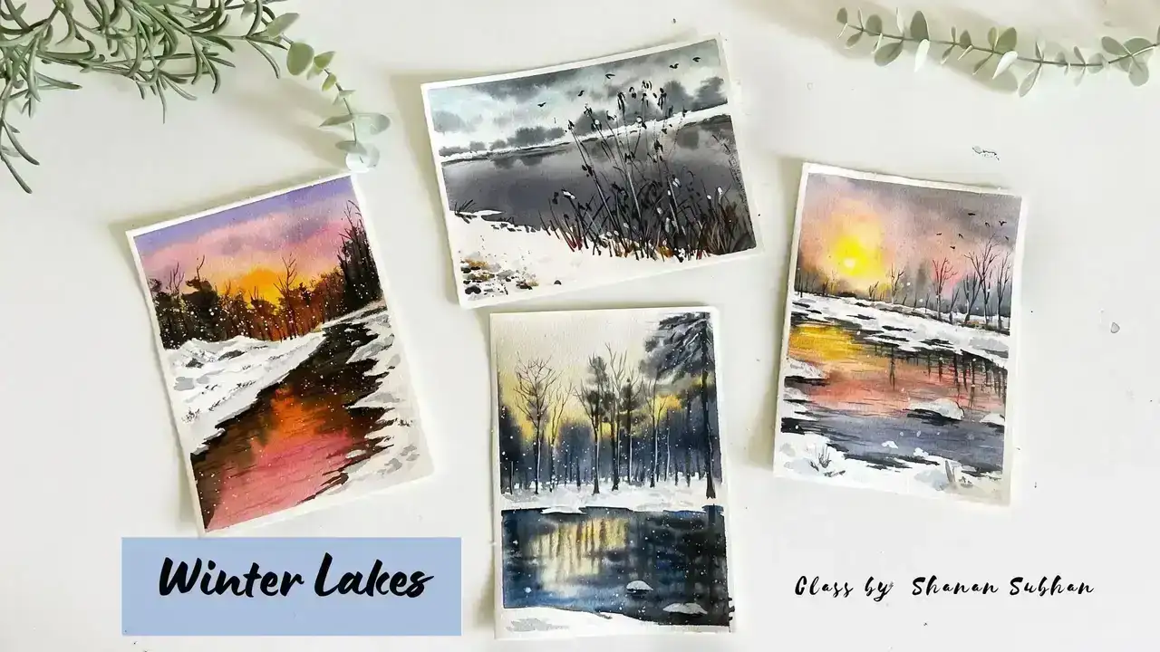 آموزش رنگ آمیزی دریاچه های زمستانی با استفاده از آبرنگ | پروژه های چهار کلاسه