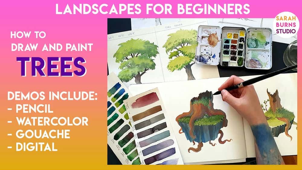 آموزش طراحی و رنگ آمیزی درختان | توضیح عمیق با آبرنگ، گواش، دموهای رنگ دیجیتال