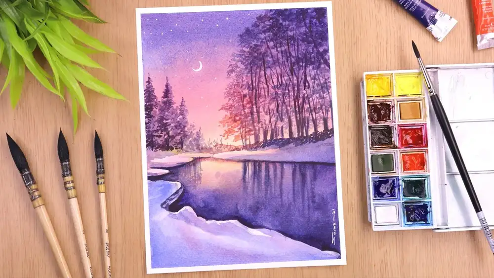 آموزش نقاشی چشم انداز آبرنگ از آسمان زیبای شب زمستان و درختان قدم به قدم