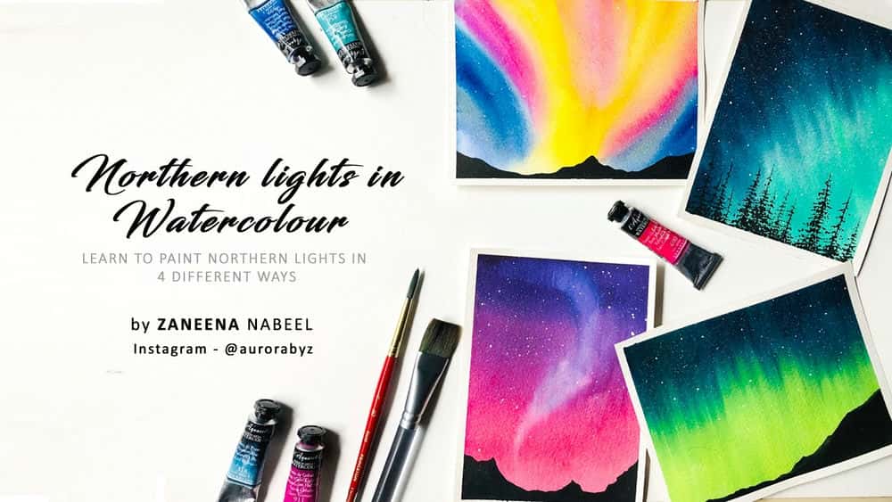 نورهای شمالی در آبرنگ - آموزش نقاشی چراغ های شمالی به 4 روش مختلف