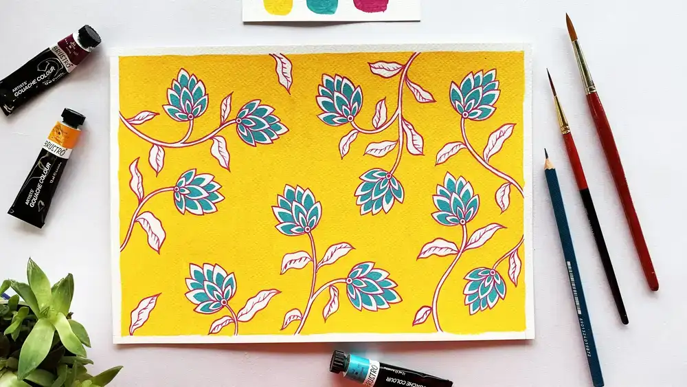 آموزش تصویر گیاه شناسی: الگوی گل هندی ساده را در گواش نقاشی کنید