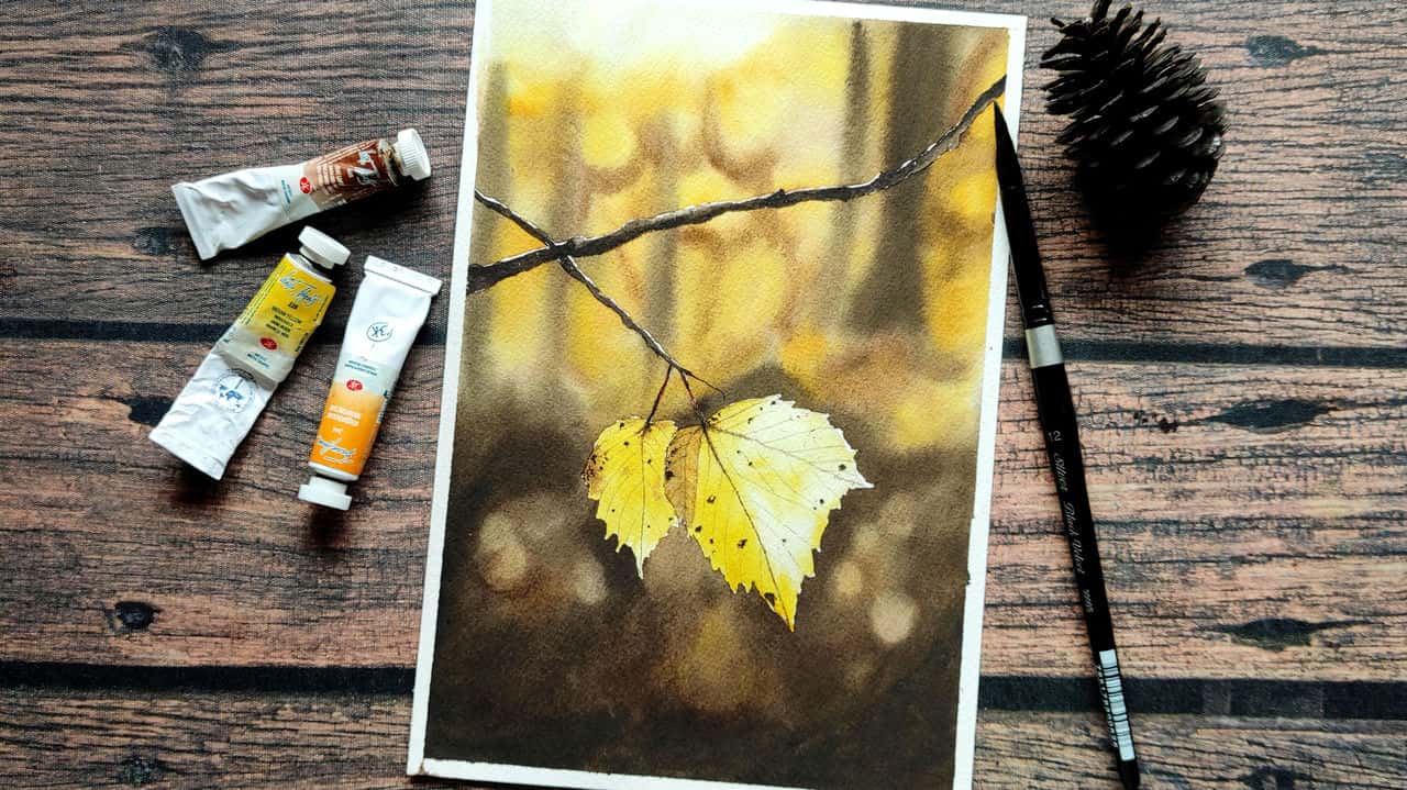 آموزش نقاشی یک برگ پاییزی با جلوه بوکه - با استفاده از آبرنگ