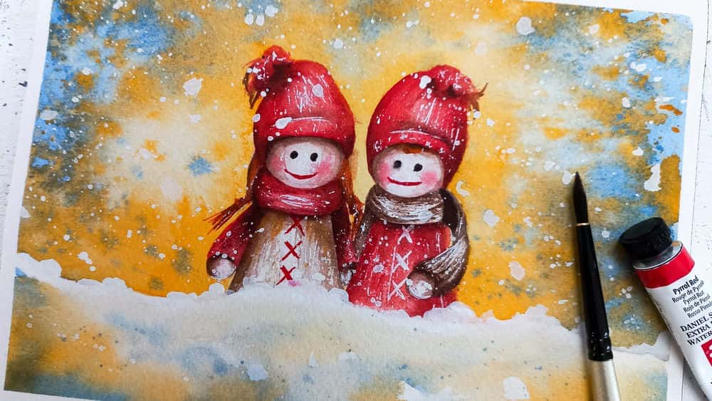 آموزش کارت های آبرنگ برای مبتدیان: عروسک های زیبا را در برف نقاشی کنید